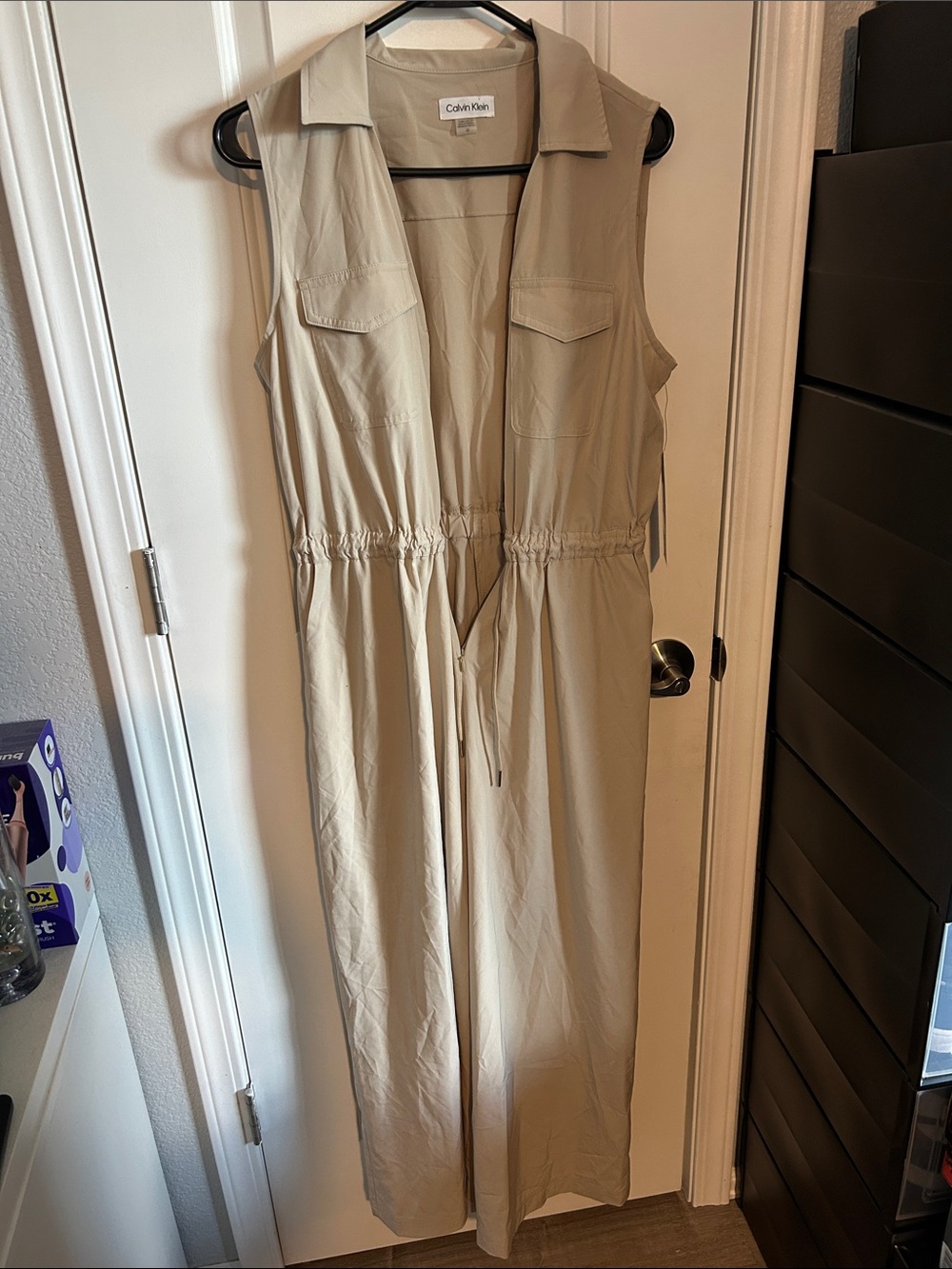Calvin Klein Sleeveless Drawstring Jumpsuit in Light Beige